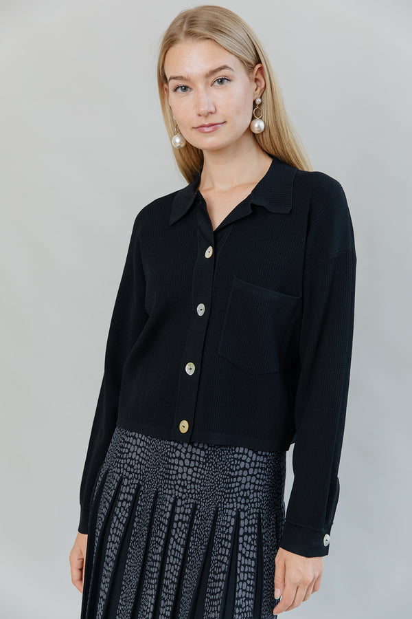 Ribbed Knit Loose Fit Blouse in Black