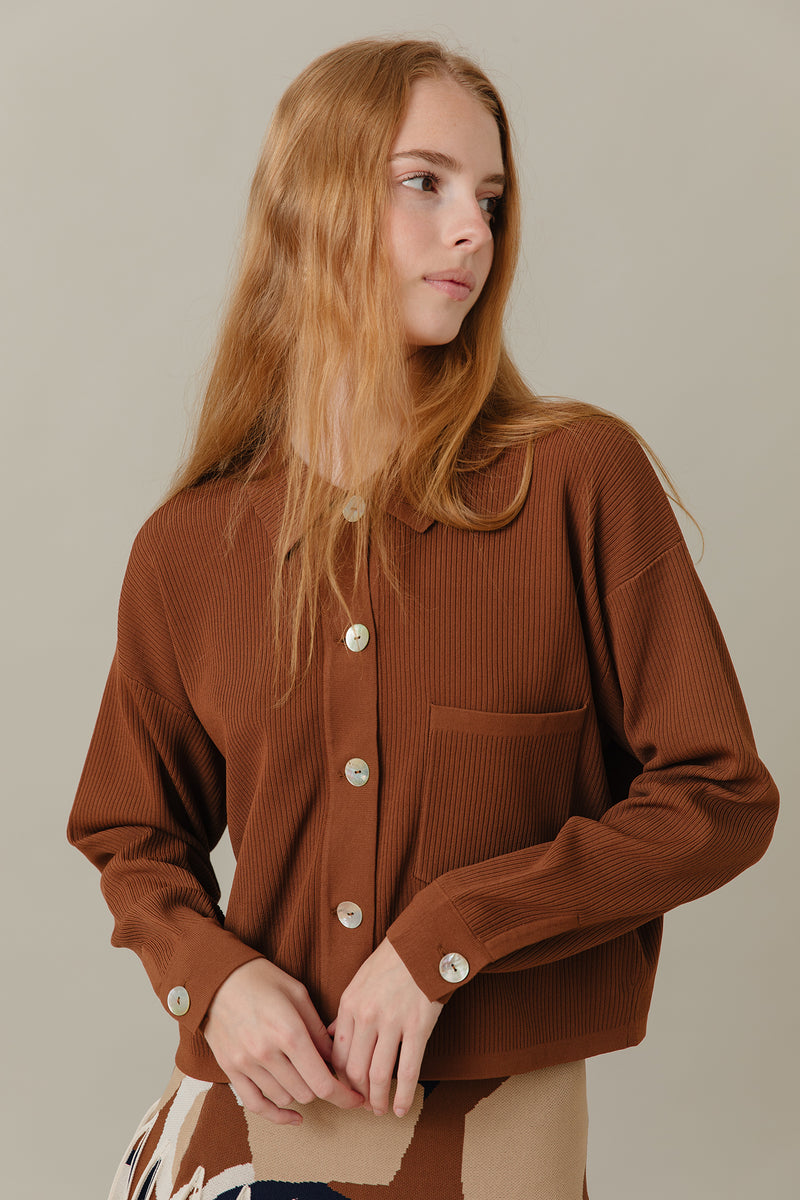 Ribbed Knit Loose Fit Blouse in Caramel
