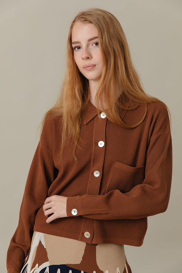 Ribbed Knit Loose Fit Blouse in Caramel