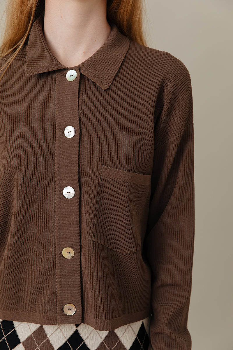 Ribbed Knit Loose Fit Blouse in Truffle