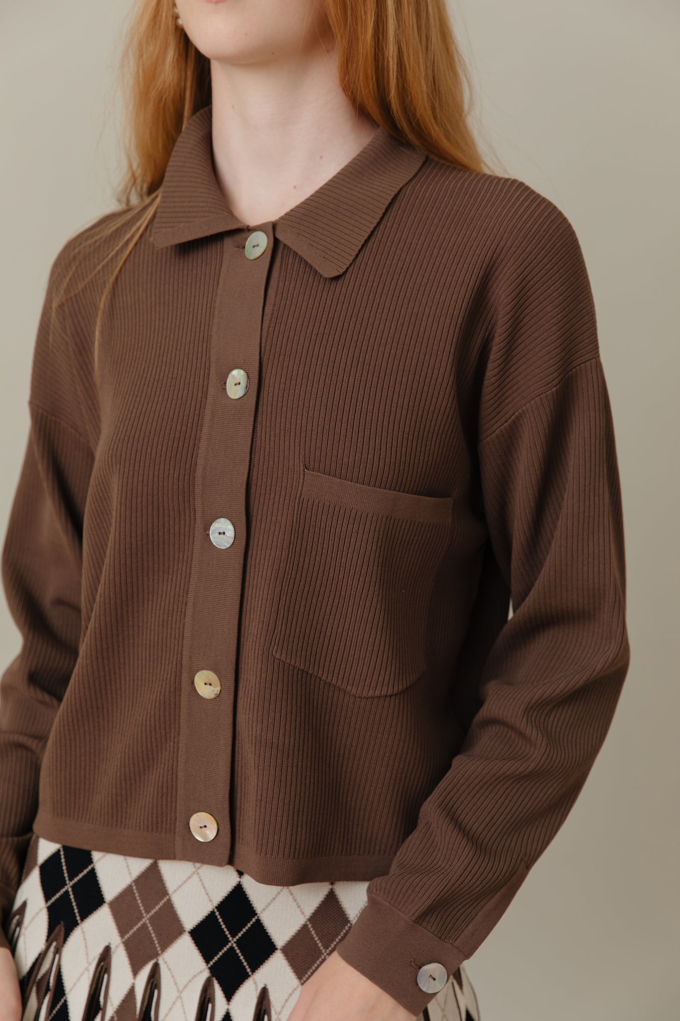 Ribbed Knit Loose Fit Blouse in Truffle