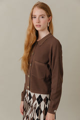 Ribbed Knit Loose Fit Blouse in Truffle