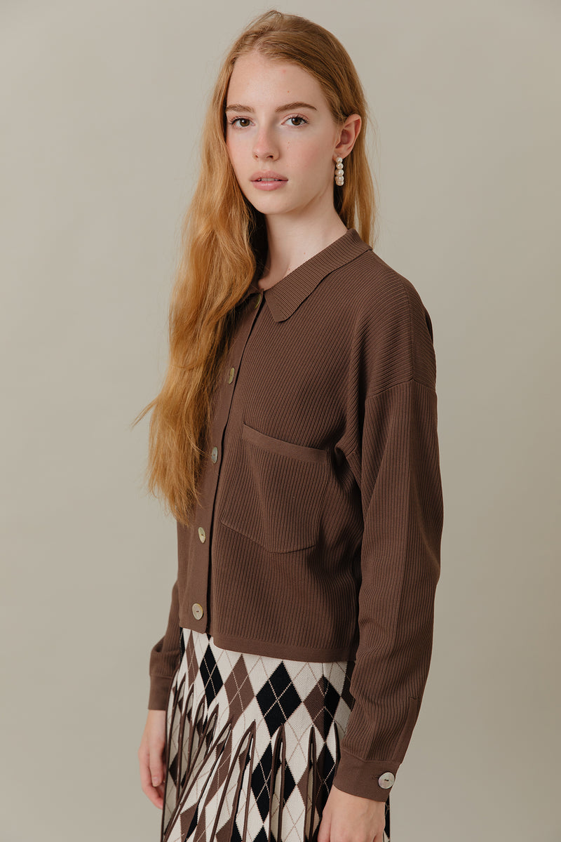 Ribbed Knit Loose Fit Blouse in Truffle