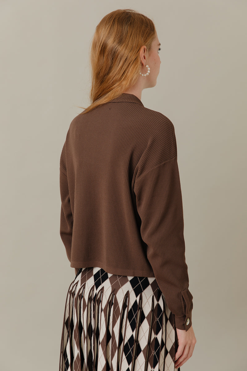 Ribbed Knit Loose Fit Blouse in Truffle
