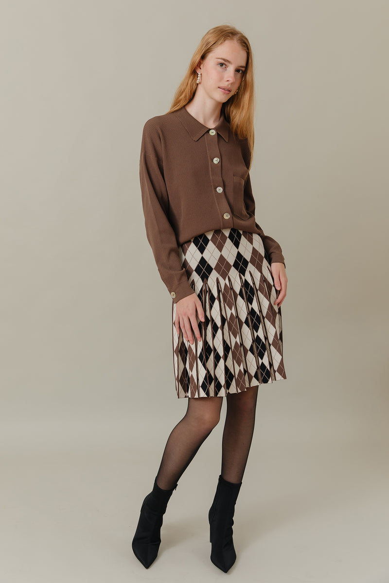Ribbed Knit Loose Fit Blouse in Truffle